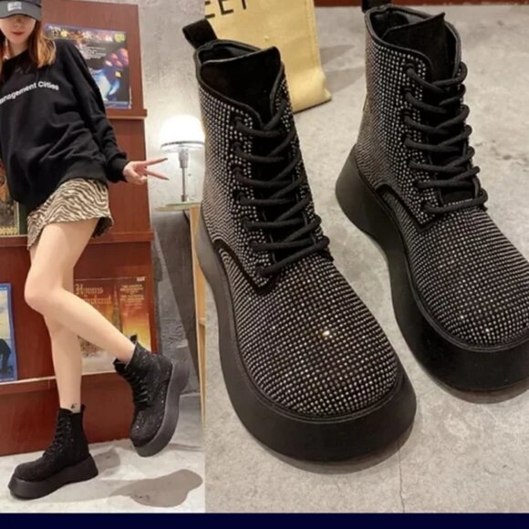 NEW BLACK SPARKLY LACE UP COMBAT BOOTS - Picture 6 of 6